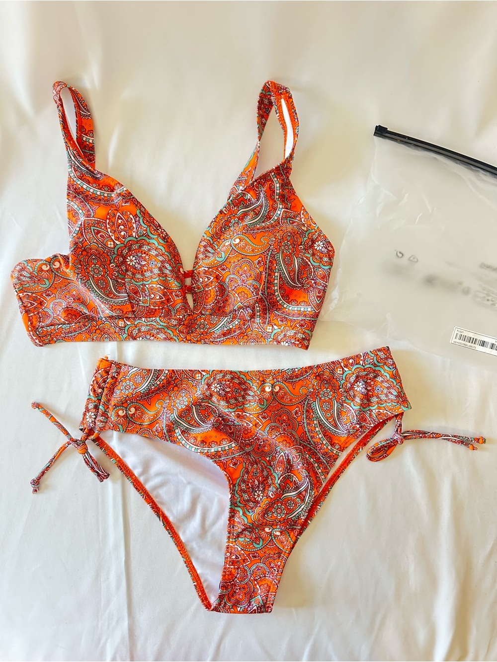 Orange Paisley Two-Piece Bikini Set - Supportive Top & Tie-Side Bottoms
